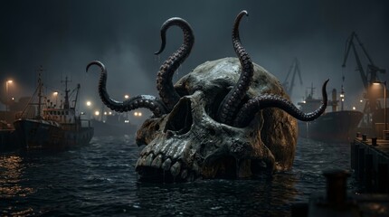 Obraz premium Monstrous skull with long fangs and tentacles emerging from dark water near a nighttime industrial port