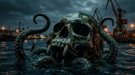 Obraz premium Monstrous skull with long fangs and tentacles emerging from dark water near a nighttime industrial port