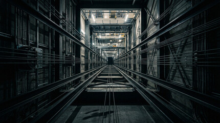 Fototapeta premium Industrial elevator shaft interior view featuring heavy steel structural beams, vertical guide rails, multiple metal cables, and electrical wiring in a high-tech facility.