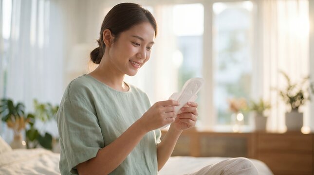 Female health and daily intimate care concept with woman holding panty liner in black underwear