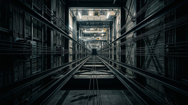 Industrial elevator shaft interior view featuring heavy steel structural beams, vertical guide rails, multiple metal cables, and electrical wiring in a high-tech facility.