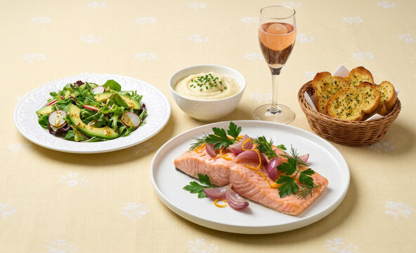 Baked salmon fillet with orange and red onion butter, accompanied by cauliflower pur&eacute;e, green salad with avocado, and ros&eacute; sparkling wine on a beautifully set table.