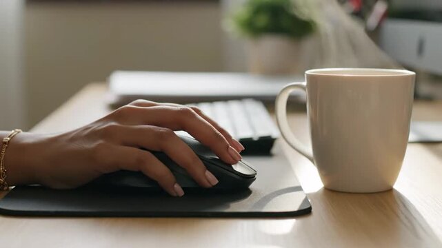 Woman hand using computer mouse next to steaming coffee mug