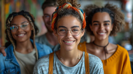Fototapeta premium Four young people smiling and looking at the camera.