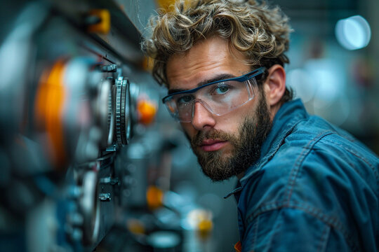 Focused male industrial worker leaning on machine.