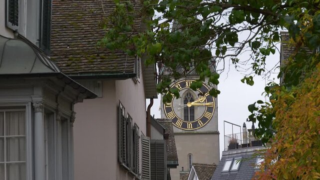 day time zurich city famous church clock tower exterior slow motion top panorama 4k switzerland
