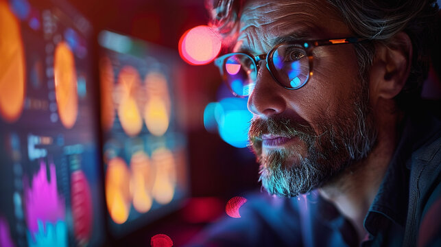 Focused scientist analyzing brain scans on computer monitors.