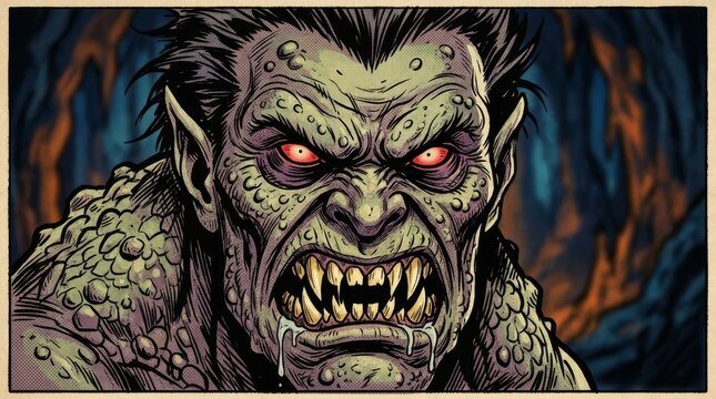 Ferocious comic book monster with glowing red eyes and sharp fangs snarling, with a textured, scary face in close-up illustration style