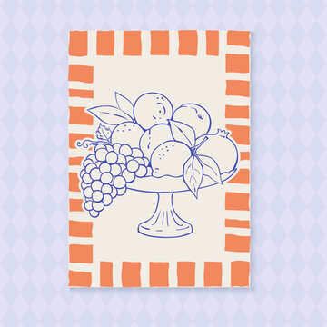 Italian dinner poster with fruit sketch on plate, orange border and soft background. Handdrawn illustration of lemon and grape food icon for mediterranean print, restaurant decor or kitchen pattern