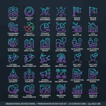 Neon icons set organizational restructuring elements for business design