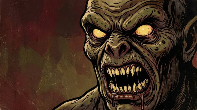 Ferocious comic book monster with glowing yellow eyes and sharp fangs snarling, with a textured, scary face in close-up illustration style