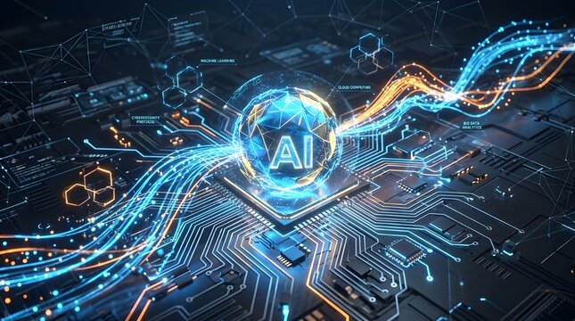 Artificial Intelligence AI core processor on futuristic motherboard, glowing digital neural network data flow, high tech computer hardware background