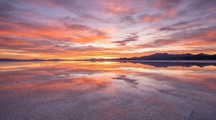 Obraz premium Vibrant sunset paints the sky with fiery orange and pink hues reflected perfectly on a vast salt flat mirroring the dramatic clouds and distant mountains
