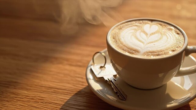 A coffee cup featuring intricate latte art sits on a saucer next to keys on a wooden table, illuminated by warm sunlight, creating a cozy and inviting atmosphere in the setting