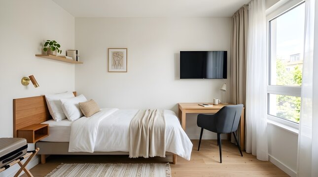 Minimalist hotel room interior with single bed and wooden desk, modern boutique guest room design, bright Scandinavian style apartment bedroom