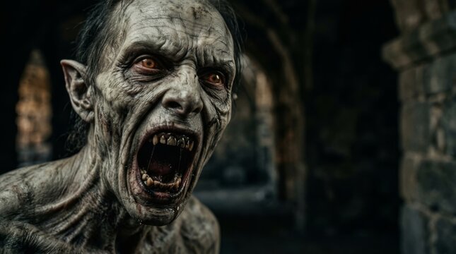 Horrifying zombie monster with open mouth and sharp teeth, grotesque undead creature with gaunt face and blood-stained skin, a chilling halloween concept or horror movie character