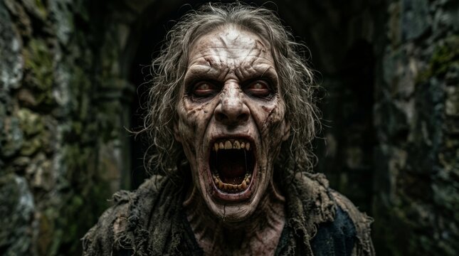 Horrifying zombie monster with open mouth and sharp teeth, grotesque undead creature with gaunt face and blood-stained skin, a chilling halloween concept or horror movie character