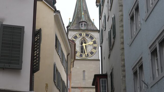 autumn weather day time zurich city church clock tower exterior slow motion top panorama 4k switzerland
