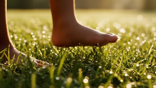 Bare foot stepping on dewy green grass in morning light