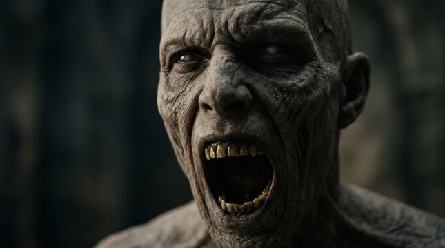 Horrifying zombie monster with open mouth and sharp teeth, grotesque undead creature with gaunt face and blood-stained skin, a chilling halloween concept or horror movie character