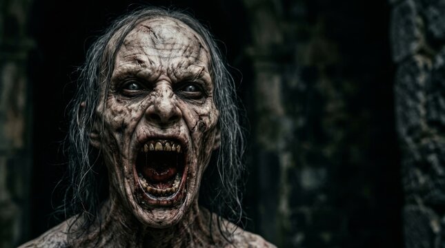 Horrifying zombie monster with open mouth and sharp teeth, grotesque undead creature with gaunt face and blood-stained skin, a chilling halloween concept or horror movie character