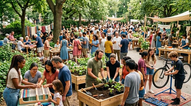 Diverse community members engage in outdoor workshop activities like weaving and gardening at a vibrant urban park event