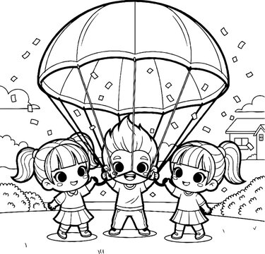 Three children happily holding colorful parachute toy outdoors.