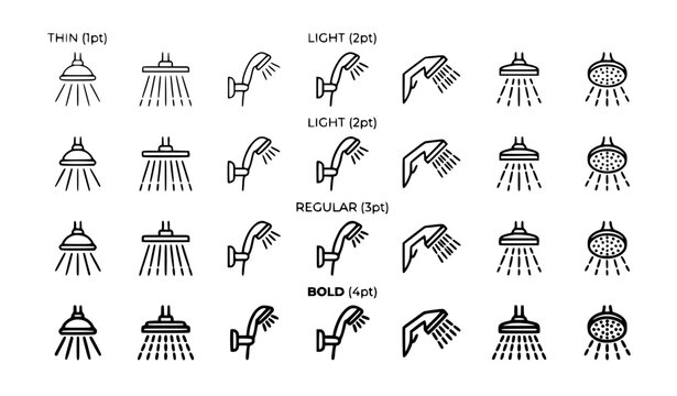 Minimal shower head icon collection vector illustration isolated on white background for bathroom and plumbing concepts