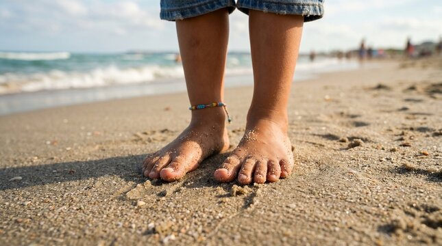 Close up of bare feet with colorful anklet on sandy beach with ocean waves and blurred people in background on a sunny day
