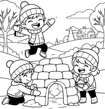 Children joyfully building snow igloo in winter park.