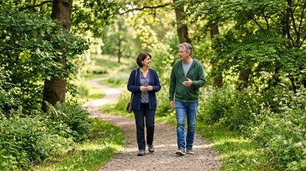 Obraz premium Mature couple enjoying a leisurely walk on a scenic forest path surrounded by lush green trees and foliage on a sunny day