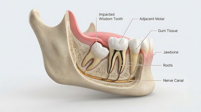 Impacted wisdom tooth diagram showing jawbone, roots and nerve canal