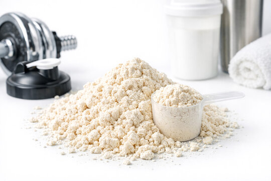 Organic protein powder and gym accessories on white table