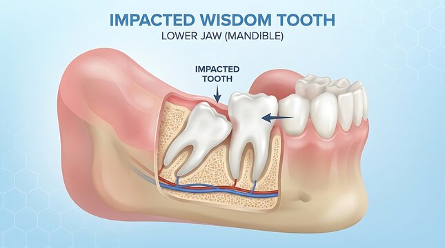 Impacted wisdom tooth in lower jaw anatomical illustration