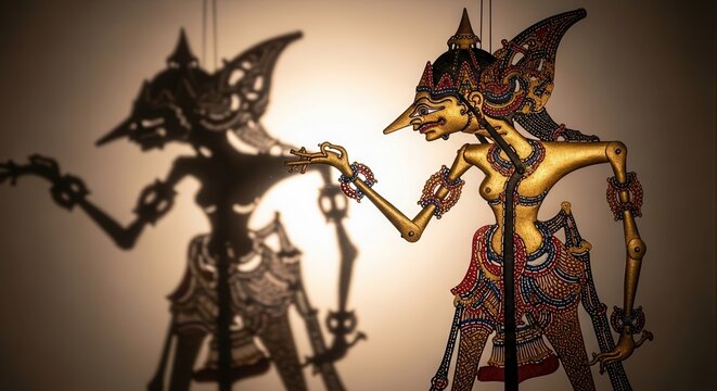 Traditional Wayang Kulit Shadow Puppets Performing a Dramatic Scene.