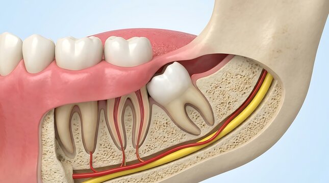 Impacted wisdom tooth causing pressure on nerves and bone