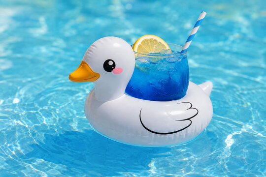 Duck Pool Float Drink Holder with Blue Cocktail