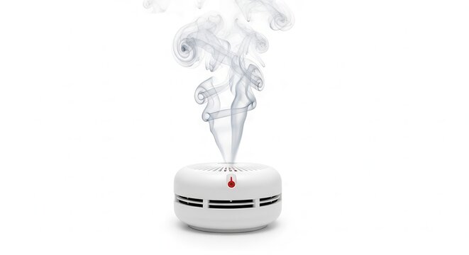 Smoke detector alerting with smoke isolated on white background.