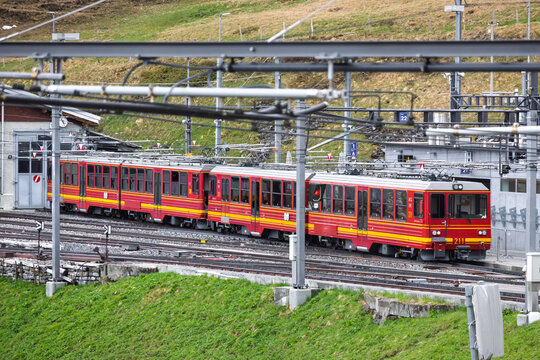 Jungfraubahn red train at Kleine Scheidegg station