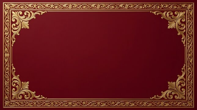 Vintage gold filigree frame on dark red background, ornate baroque border with elegant floral scrolls, luxury certificate template with copy space