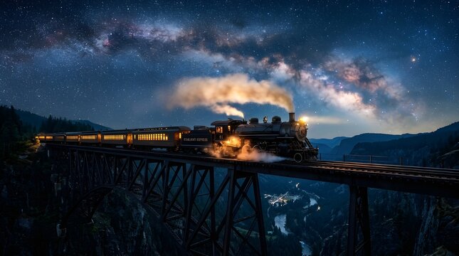 Vintage steam train crossing a high trestle bridge at night, majestic milky way galaxy over a locomotive with glowing smoke, cinematic railway travel