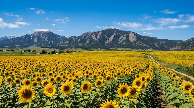 Vibrant sunflower field landscape under blue sky, blooming yellow sunflowers in mountain valley, scenic summer nature background with flatirons