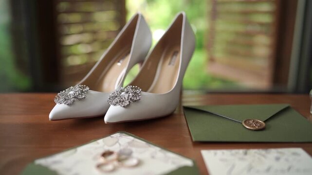 Elegant wedding setup. Bridal footwear among wedding accessories
