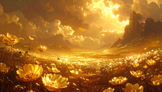 Golden fantasy landscape with fields of blooming poppies, sparkling particles, and dramatic sunbeams through clouds