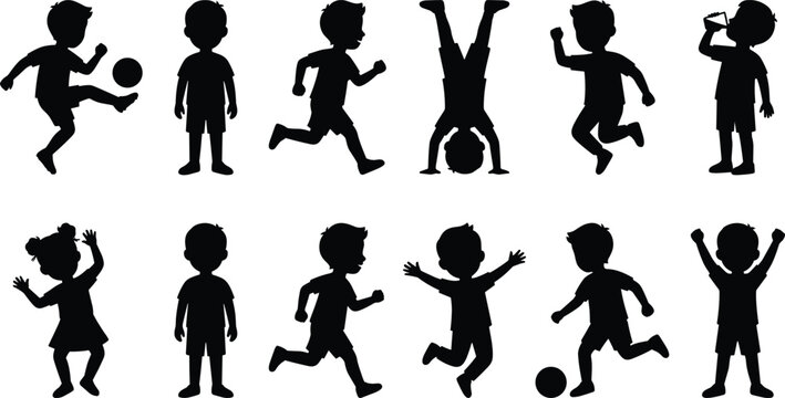 Collection of active kids silhouettes playing soccer running jumping doing handstand and drinking isolated on white background