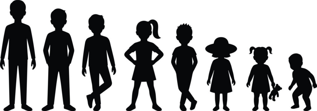Row of children silhouettes of different heights and ages standing from tallest to shortest isolated on white background