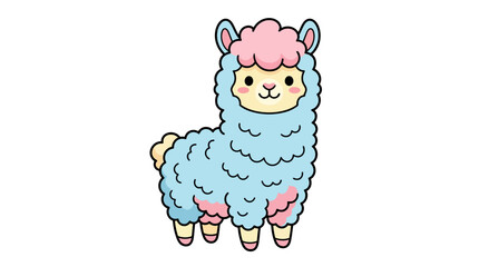 A cartoon llama with blue fur, pink hair and hooves standing against a plain white background in a colorful, playful illustration. © ahmad
