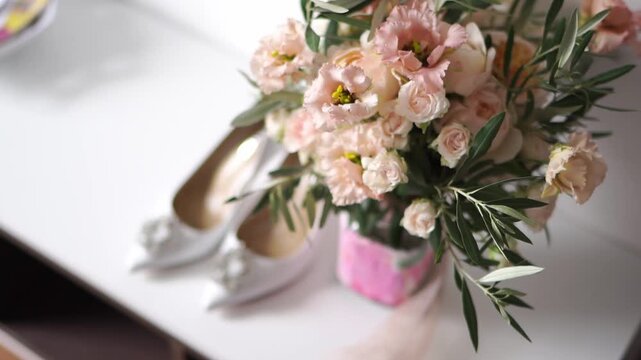 Intimate scene of bridal styling with delicate flower bunches and shoes