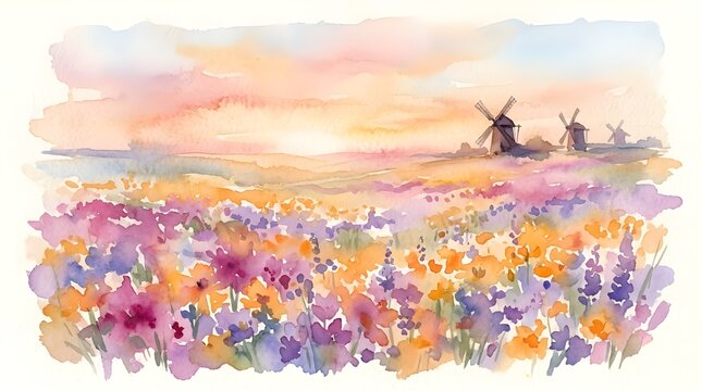 Watercolor landscape painting of a blooming flower field at sunset. Pastoral meadow with windmills under a soft pink sky. Artistic floral background.