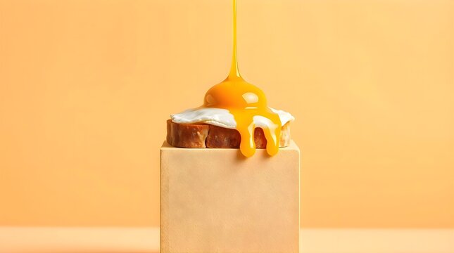 Piece of cake with a drizzle of icing on top, sweet bakery dessert cream pastry bakery snack, festive birthday celebration food product layout